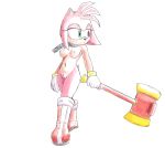  amy_rose anthro boots bracelet breasts broken_chain chain clothing eulipotyphlan female footwear fours_(artist) genitals gloves green_eyes hammer handwear hedgehog hi_res holding_object holding_weapon jewelry mammal mostly_nude nipples piko_piko_hammer pussy simple_background solo sonic_the_hedgehog_(series) standing tools walking weapon white_background 
