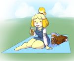  animal_crossing anthro beverage bluebun blush canid canine canis clothed clothing domestic_dog eyes_closed female fur hair isabelle_(animal_crossing) mammal nintendo open_mouth outside picnic shih_tzu sitting smile solo teeth thick_thighs tongue toy_dog video_games wide_hips yellow_body yellow_fur 