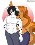  anthro bottomwear canid canine canis cjshadorunner clothed clothing dalmatian daryl_vecat domestic_cat domestic_dog duo felid feline felis female hi_res male male/female mammal pants smile topless 
