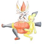  anthro baby_pok&eacute;mon balls big_balls big_butt big_penis breasts butt cinderace duo female fours_(artist) fur genitals hi_res lagomorph leporid lying male male/female mammal murid murine nintendo on_side penis pichu pok&eacute;mon pok&eacute;mon_(species) rabbit rat red_body red_fur rodent size_difference smaller_male vaginal video_games yellow_body yellow_fur 