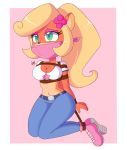  accessory activision anthro bandicoot bdsm bound breasts cleavage clothed clothing coco_bandicoot crash_bandicoot_(series) crop_top female flower flower_in_hair fully_clothed gag hair hair_accessory hi_res hogtied kneeling mammal marsupial midriff negitives plant ponytail rope rope_bondage shirt solo topwear video_games 