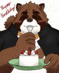  2020 anthro belly blush brown_body brown_fur cake canid canine clothed clothing eating eyes_closed food fur hi_res humanoid_hands kemono male mammal open_shirt overweight overweight_male raccoon_dog shirt simple_background solo tanuki text topwear yaki_atsuage 