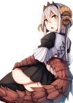  2016 animal_humanoid blush bottomwear butt clothing dragon dragon_humanoid female grey_hair hair hand_on_thigh horn horned_humanoid humanoid legwear long_hair looking_at_viewer looking_back open_mouth plan039 red_body red_scales scales simple_background skirt solo thigh_highs white_background yellow_eyes 