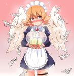  blush bodily_fluids clothed clothing egg feathered_wings feathers female front_view genital_fluids hair holding_egg humanoid ishuzoku_reviewers meidri portrait pussy_juice solo three-quarter_portrait void_(pixiv) white_body white_clothing white_feathers winged_humanoid wings 