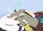  bald chimera discord_(mlp) draconequus duo equid equine eyes_closed female friendship_is_magic horn horse hybrid jpgr lying male male/female mammal my_little_pony nuzzling pony princess_celestia_(mlp) shaved sleeping smile winged_unicorn wings 