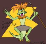  2020 absurd_res activision anthro clothed clothing crash_bandicoot_(series) digital_media_(artwork) green_body green_skin hi_res komodo_dragon komodo_joe lizard male melee_weapon monitor_lizard partially_clothed polearm reptile scalie simple_background solo spear styxyesrenegade video_games weapon yellow_eyes 