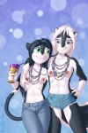  areola beads beverage blue_eyes bottomwear brian_mcpherson carnival_(holiday) clothed clothing domestic_cat felid feline felis female goblet green_eyes holidays jewelry mammal mardi_gras mephitid necklace nipples nova_(hijinxfantasy) shorts skunk topless vicki_(brian_mcpherson) 