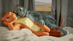  3d_(artwork) anthro bed claws collar day digital_media_(artwork) duo female furniture hi_res kobold laying_on_bed light lizard lock lying male male/female nude reptile scalie smile tongue veo 