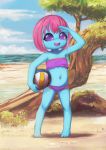  3_toes alien antennae_(anatomy) ball barefoot beach clothing digital_media_(artwork) echa4797 eyelashes female hair hi_res humanoid navel open_mouth outside pink_hair purple_eyes seaside smile solo standing swimwear teeth toes tree vaney_(echa4797) volleyball_(ball) water young 