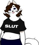  2019 alpha_channel anthro belly bottomwear brown_hair canid canine canis cheek_tuft clothing cute_fangs domestic_dog english_text eyeshadow facial_tuft fangs female finley_sinclaire fur hair half-closed_eyes looking_at_viewer magnetiorchid makeup mammal midriff narrowed_eyes navel nordic_sled_dog pants samoyed shirt solo spitz t-shirt text tongue tongue_out topwear trans_woman_(lore) tuft white_body white_fur 