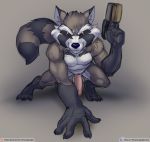  2020 anthro balls brown_body brown_fur digital_media_(artwork) erection fur genitals guardians_of_the_galaxy gun holding_object holding_weapon humanoid_genitalia humanoid_penis looking_at_viewer male mammal marvel muscular nude penis procyonid raccoon ranged_weapon rocket_raccoon simple_background smile solo weapon wolfblade 