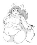  anthro belly big_breasts black_eyes blush bottomless breasts canid canine clothed clothing curvy_figure female fluffy fox fur genitals grey_hair greyscale hair hi_res kemono long_hair looking_at_viewer mammal monochrome monotone_body monotone_fur navel overweight overweight_female paws portrait pussy radiowave scarf simple_background smile solo standing sweater thick_thighs three-quarter_portrait topwear voluptuous white_background white_body white_fur wide_hips 