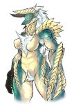  anthro armpit_hair body_hair breasts capcom chest_tuft fanged_wyvern female fur ketsuneko monster_hunter nude pubes scales scalie simple_background solo tuft video_games white_background white_body white_fur zinogre 