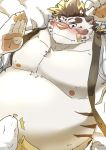 2020 absurd_res anthro belly blush bulge clothing cute_fangs erection erection_under_clothing eyewear felid fur glasses hi_res humanoid_hands juniku_sushi kemono licho_(tas) lying male mammal moobs nipples overweight overweight_male pantherine solo tiger tokyo_afterschool_summoners video_games white_body white_fur 