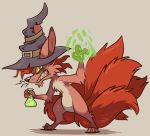  2015 ambiguous_gender anthro aura biped brown_background canid canine cheek_tuft claws clothing energy facial_tuft female_(lore) fox fur hat headgear headwear iveechan magic magic_user mammal morgan_(tales_of_tabira) multi_tail neck_tuft nintendo pok&eacute;mon pok&eacute;mon_(species) potion red_body red_fur shadow sharp_teeth simple_background solo standing tales_of_tabira teeth toe_claws tuft video_games vulpix whiskers witch_hat yellow_sclera 