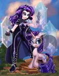  2020 absurd_res clothing cutie_mark dress duo equid equine female feral friendship_is_magic gloves hair handwear harwick hi_res horn horse human long_hair looking_at_viewer magic mammal my_little_pony outside pony purple_hair rarity_(mlp) rubber smile square_crossover standing tight_clothing unicorn 