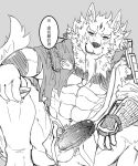  abs balls beard biceps blush canid canine canis chinese_text clothed clothing dialogue drunk eurobeat facial_hair fur genitals humanoid_genitalia humanoid_penis law_(sdorica_sunset) male mammal muscular muscular_male navel pecs penis sdorica sdorica_sunset sitting substance_intoxication text translation_request wolf 