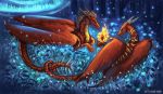  2020 blue_eyes claws detailed_background digital_media_(artwork) dragon duo female feral fire flashw forest grass horn male membrane_(anatomy) membranous_wings night outside red_body red_scales scales scalie smile spines tree western_dragon wings 