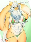  2020 abs absurd_res anthro areola breasts canid canine clothed clothing digimon digimon_(species) eye_through_hair eyebrow_through_hair eyebrows female fur fur_tuft green_bikini hair hi_res looking_at_viewer mammal navel neck_tuft open_mouth renamon skimpy solo tongue translucent translucent_hair tuft vixie00 