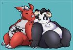  2020 anthro belly black_body blue_background duo eyes_closed giant_panda hi_res horn kemono kusosensei mammal overweight red_body simple_background sitting ursid white_body 