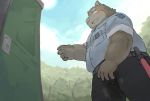  2020 anthro blush bodily_fluids bottomwear chocobibear clothing detailed_background genital_fluids humanoid_hands kemono male mammal outside overweight overweight_male pants shirt solo suid suina sus_(pig) topwear urine wetting wild_boar 