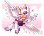  &lt;3 anthro blush breasts chiropteran cleavage clothed clothing envelope fangs feathered_wings feathers female gloves handwear high_heeled_boots looking_at_viewer mammal mistyvns one_eye_closed open_mouth open_smile rouge_the_bat smile solo sonic_the_hedgehog_(series) wings wink 