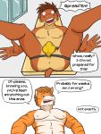  anthro anus balls_outline bovid bovine bulge cattle clothed clothing comic dialogue duo english_text felid fuze genital_outline hi_res jockstrap joe_(fuze) locker_room lying male male/male mammal nipples on_back pantherine presenting presenting_anus texnatsu text tiger topless ty_conrad underwear underwear_only 