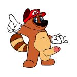  2020 anthro balls belly blue_eyes brown_body brown_fur bunnybara canid canine clothing erection facial_hair fur genitals gloves handwear hat headgear headwear hi_res humanoid_genitalia humanoid_hands humanoid_penis male mammal mario mario_bros mustache nintendo penis raccoon_dog simple_background slightly_chubby solo tanuki video_games white_background 