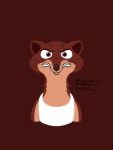 anthro brown_background brown_nose clothing disney duke_weaselton frown hi_res long-tailed_weasel looking_at_viewer male mammal mustela mustelid musteline red_eyes scowl sharp_teeth shirt signature simple_background solo tank_top teeth text topwear yoshiknight2 zootopia 