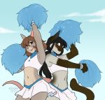  2020 anthro blue_eyes brown_hair cheerleader clothed clothing crossdressing digital_media_(artwork) domestic_cat duo felid feline felis girly hair hi_res kittydee male mammal midriff mouse murid murine navel rodent 