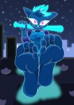  2017 5_toes absurd_res anthro barefoot biped blue_body blue_fur blue_hair clothed clothing detailed_background domestic_cat eyelashes feet felid feline felis female foot_focus fur hair hi_res hindpaw humanoid_feet mae_borowski mammal mostlyfunstuff multicolored_hair night_in_the_woods paws pink_eyes plantigrade soles solo star toes two_tone_hair video_games 