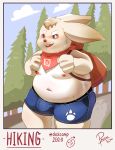  2020 absurd_res anthro belly blush bodily_fluids bottomwear bulge clothing hi_res humanoid_hands lagomorph leporid male mammal moobs nipples outside overweight overweight_male pawsve rabbit shorts solo sweat text young 