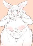  accessory anthro areola belly big_breasts blush braided_ponytail breasts brown_background cleavage clothed clothing curvy_figure dress female flashing fur glistening glistening_breasts hair hair_accessory hairclip hi_res huge_breasts kemono lagomorph leporid long_ears long_hair looking_at_viewer mammal monotone_body monotone_fur nipples open_clothing overweight overweight_female partially_clothed presenting presenting_breasts rabbit radiowave shy simple_background smile solo standing thick_thighs voluptuous white_body white_fur white_hair wide_hips 