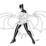  2015 alternate_species animal_humanoid batgirl batman_(series) breasts cape chiropteran chiropteran_humanoid clothing crossgender doomington erection genitals gynomorph humanoid intersex looking_down mammal mammal_humanoid membrane_(anatomy) membranous_wings monochrome nipples penis simple_background solo standing surprise torn_clothing transformation white_background wings 