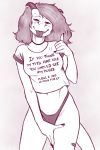  5_fingers anthro breasts clothing female fingers glopossum hair hi_res horn lizard looking_at_viewer non-mammal_breasts open_mouth reptile scalie shirt solo teeth text thong tongue topwear trans_woman_(lore) underwear 