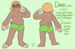  3_toes 4_fingers anthro blonde_hair blue_eyes brown_body brown_fur brown_nose clothed clothing eye_markings fingers fur green_background hair hi_res long_hair male mammal markings model_sheet navel partially_clothed pilosan simple_background slightly_chubby sloth solo sorbet text toes topless underwear xenarthran 