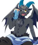  3_eyes alcohol anthro beer beverage black_body black_fur bovid caprine cup demon drunk fur goat hi_res horizontal_pupils horn lupus5903 male mammal multi_eye solo substance_intoxication towel wings yellow_eyes 