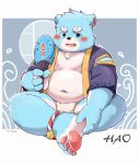  2020 anthro belly blue_body blue_eyes blue_fur blush bonasiah full_attack fur hi_res humanoid_hands kemono male mammal moobs morian_xs navel nipples sitting slightly_chubby solo ursid white_body white_fur young 十泉浩 