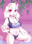  2019 5_fingers anthro bikini blush boss_monster bovid bra breasts brick_wall camel_toe caprine cleavage clothed clothing female fingers fur hi_res horn looking_at_viewer mammal mirrorreach open_mouth red_eyes sitting solo swimwear toriel tuft undertale underwear video_games vines water white_body white_fur 