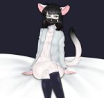  2020 anthro bed black_hair clothing digital_media_(artwork) ears_outwards face_mask female flat_chested fur furniture green_eyes hair hi_res kitty-face legwear long_tail looking_at_viewer mammal mask mouse murid murine nude pivoted_ears rat rodent simple_background solo solo_focus thigh_highs white_body white_fur 