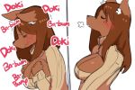  angel_(lightsource) anthro big_breasts blush breasts breath brown_body brown_fur brown_hair canid canine canis cleavage cleavage_cutout clothed clothing comic domestic_dog embarrassed eyes_closed female fur hair heartbeat inner_ear_fluff kemono keyhole_turtleneck lightsource mammal simple_background solo suggestive sweater topwear tuft white_background 