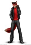  anthro biped black_nose bottomwear brown_body brown_fur canid canine clothed clothing coat footwear fox full-length_portrait fully_clothed fur green_eyes headphones hi_res jeans la_volpe leather male mammal michanicks_(fursona) pants portrait red_body red_fur shirt shoes simple_background smile sneakers solo standing text topwear white_background white_body white_fur 