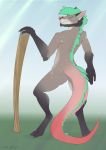  3_toes 5_fingers anthro back_tuft brown_body brown_fur fingers fur gift green_body green_fur hi_res long_tail looking_at_viewer looking_back looking_back_at_viewer male pink_nose simple_background sketch smerk smile solo stick toes tuft vincent zhekathewolf 