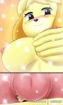  animal_crossing anthro big_breasts blush breasts canid canine canis domestic_dog female gentle_giant hi_res hug huge_breasts human isabelle_(animal_crossing) macro male male/female mammal micro micromike nintendo nude rubbing shih_tzu sparkles toy_dog video_games 