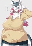  2017 anthro big_breasts black_body black_fur black_nose blue_eyes bottomwear breasts canid canine canis cigarette clothing curvy_figure digital_media_(artwork) domestic_dog female fluffy fur hair hair_over_eye huge_breasts inner_ear_fluff japanese_text kemono kishibe long_hair looking_at_viewer mammal multicolored_body multicolored_fur one_eye_obstructed pink_body pink_fur simple_background skirt solo standing sweater teeth text topwear translated tuft voluptuous white_body white_fur wide_hips 