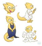  &lt;3 alphys anthro baggy_clothing blush book buckteeth clothing coat dress eyes_closed eyewear female glasses grin hi_res kazunekomori lab_coat open_mouth open_smile pigeon_toed reptile scales scalie sharp_teeth smile solo teeth thick_tail topwear undertale video_games yellow_body yellow_scales 