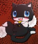  anthro anus atlus balls bandanna black_body black_fur blue_eyes blush bodily_fluids butt fur genital_fluids genitals hi_res legs_up looking_at_viewer lying male megami_tensei megami_tensei_persona morgana_(persona) myrotiggy on_back open_mouth pawpads penis precum solo uncut video_games 