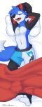  4_toes absurd_res anthro blue_body blue_fur canid canine clothed clothing dipstick_tail eyes_closed fangs fox fur hi_res lying male mammal multicolored_body multicolored_fur multicolored_tail on_back open_mouth permavermin pillow red_body solo sonic_fox_(character) teeth toes tongue 