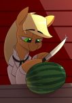  absurd_res applejack_(mlp) blonde_hair clothing equid equine eyebrow_through_hair eyebrows feral food friendship_is_magic fruit green_eyes hair hi_res horse knife mammal melon my_little_pony plant pony quadruped sparkles suit translucent translucent_hair underpable watermelon 