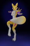  3d_(artwork) absurd_res anthro blue_eyes breasts canid claws dark_background digimon digimon_(species) digital_media_(artwork) female fur hi_res looking_at_viewer mammal multicolored_body nipples nude paws purple_background purple_sleeves renamon simple_background solo video_games waeverstan white_body white_fur yellow_body yellow_fur 